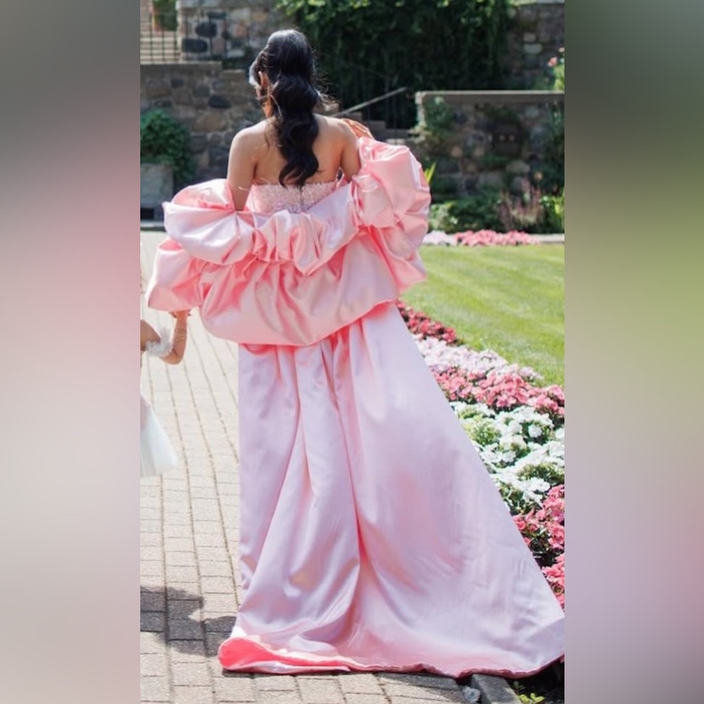 Strapless Pink Midi Dress with Feather & Sequin Detailing and custom cape - Picture 13 of 15